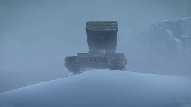 A screenshot of the new Rocket Tanks in Helldivers 2. It is pointing up at the sky to unleash a barrage.