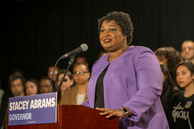 Georgia gubernatorial candidate Stacey Abrams makes remarks during a press conference at the Abrams Headquarters in Atlanta, on Nov. 16, 2018. 