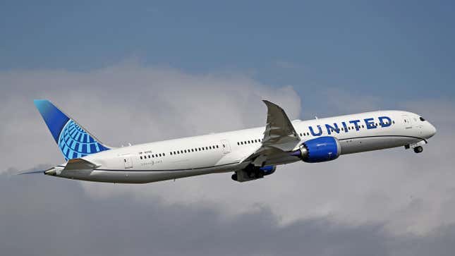 United Airlines' Boeing 787-10 Dreamliner, taking off from Barcelona Airport, ​in Barcelona on March 28, 2023.