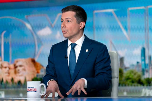 Transportation Secretary Pete Buttigieg speaks during an interview with &quot;Fox News Sunday&quot; anchor Shannon Bream at the Fox News bureau in Washington, Sunday, March 10, 2024. (AP Photo/Jose Luis Magana)