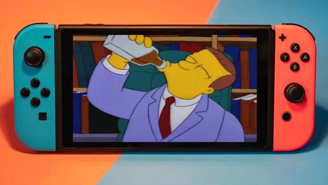 A Nintendo switch on an orange and blue background, with the screen showing The Simpson's Lionel Hutz.