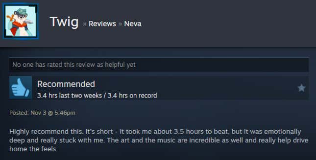 A screenshot shows a Steam user review from Neva.