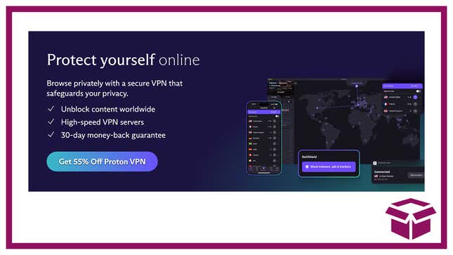 The Inventory logo and a Proton VPN info graphic describing its abilities to unblock content worldwide, its high-speed VPN servers, and its 30-day money-back guarantee