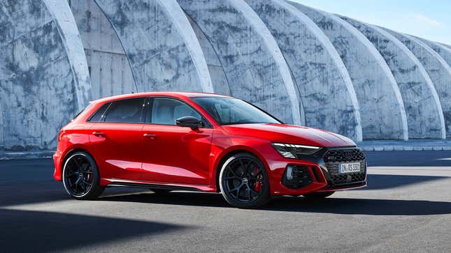 Mostly side view of an Audi RS3 Sportback in red