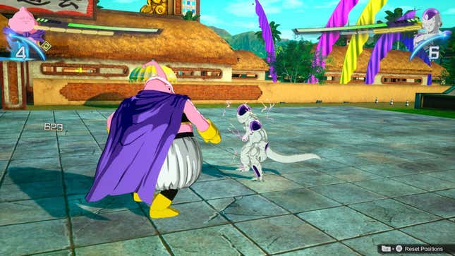 Majin Buu stands in front of a paralyzed Frieza, with purple sparks surrounding them.