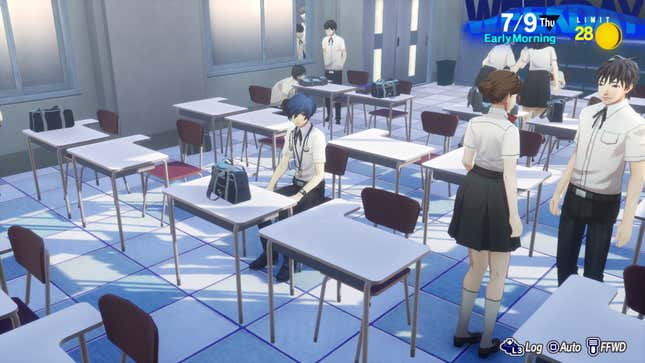 Makoto sits at his desk.