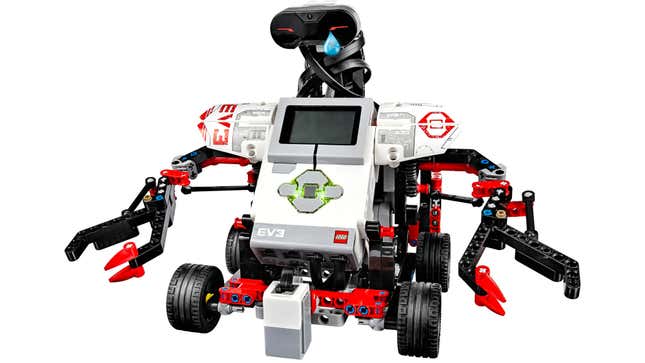 A sad, teary-eyed, Lego Mindstorms robot.