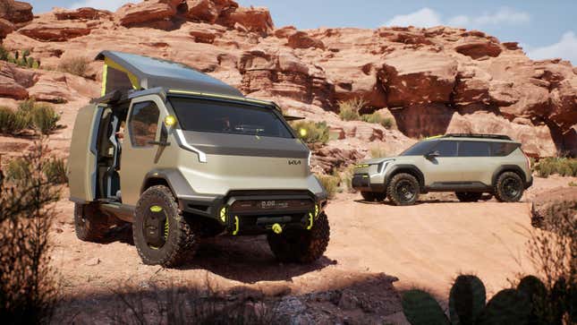 The wkndr van and the EV9 off road concepts rendered and parked on dirt in front of rocks