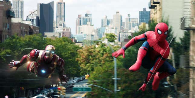 Robert Downey Jr. in his Iron Man suit and Tom Holland in his Spider-Man suit fly and swing through NYC in Spider-Man: Homecoming. 