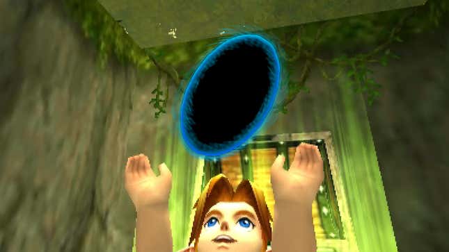 Link holding a portal above his head in the Legend of Zelda: Ocarina of Time.