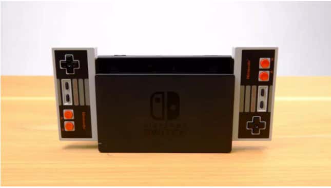 Photo of a Nintendo Switch with classic NES controllers attached