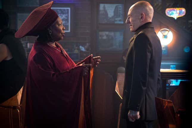 Whoopi Goldberg as Guinan and Patrick Stewart as Jean-Luc Picard in Star Trek: Picard.