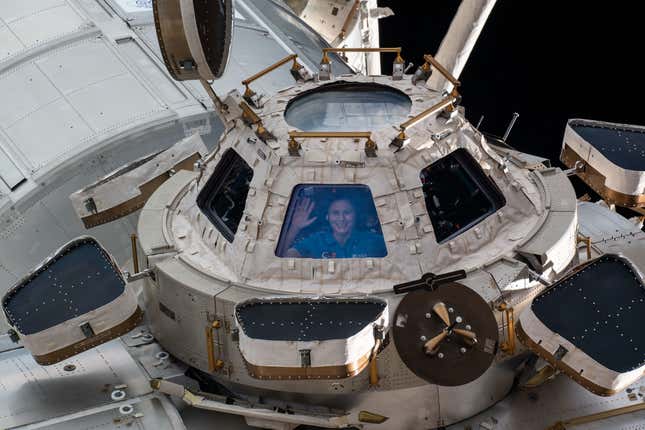 ESA astronaut Samantha Cristoforetti looks out from a window on the cupola.