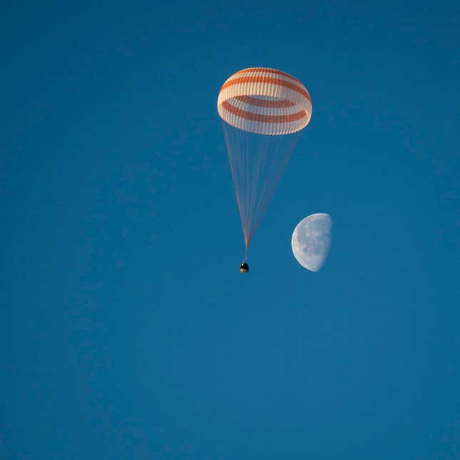 The Soyuz spacecraft coming in to land.