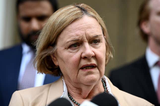 Susan Karpik speaks to media outside the Federal Court in Sydney, Wednesday, Oct. 25, 2023. Karpik was the lead plaintiff in the case against British-American cruise operator Carnival and its subsidiary Princess Cruises that an Australian judge ruled failed to cancel a voyage from Sydney that led to a major COVID-19 outbreak had been negligent in its duty of care to passengers. (Dan Himbrechts/AAP Image via AP)