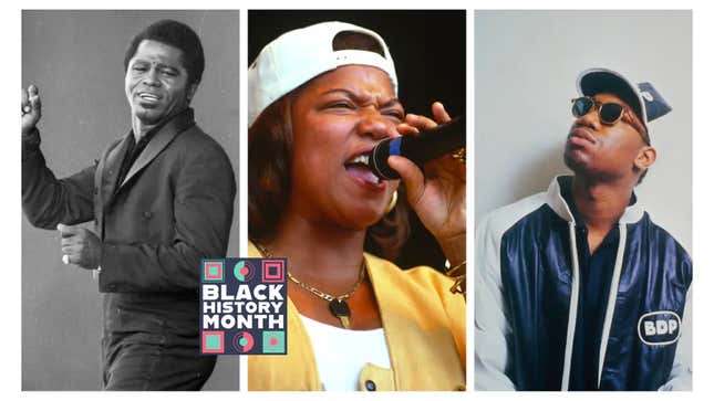 James Brown (l), Queen Latifah (c), KRS-One (r)