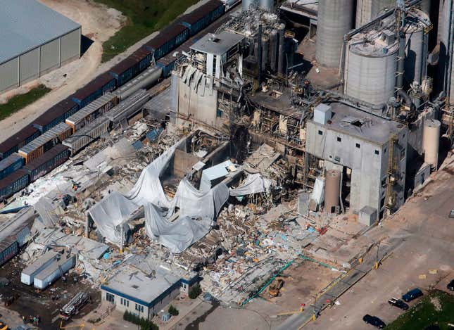 FILE - Part of the Didion Milling Plant in Cambria, Wis., lies in ruins following an explosion on June 1, 2017. A federal jury has convicted two Didion Milling senior employees of falsifying records and obstructing an investigation into the fatal corn dust explosion at the company&#39;s Cambria plant in 2017, Justice Department officials announced on Tuesday, Oct. 17, 2023. (John Hart/Wisconsin State Journal via AP, File)