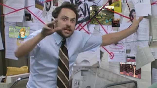 Charlie Day se encuentra frente a su tablero de conspiraciones, que muestra capturas de pantalla de Zelda.