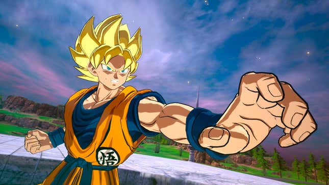 Goku reaches out with his arm outstretched, gritting his teeth