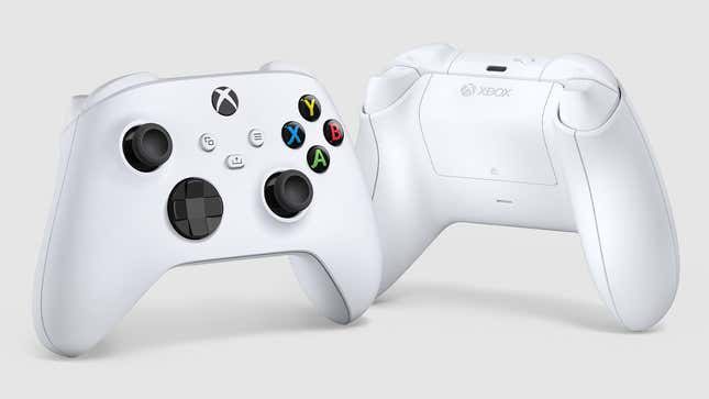 A white Xbox controller is displayed from back to front. 