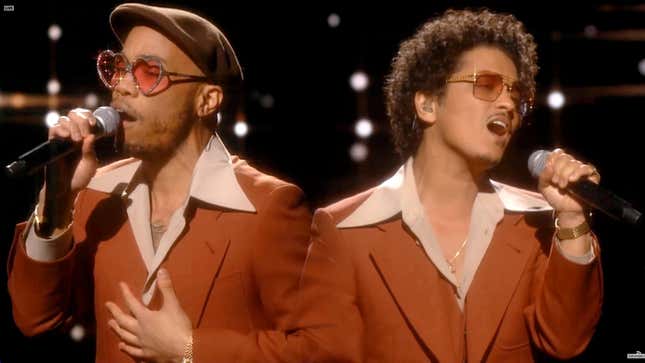 Anderson .Paak and Bruno Mars of music group Silk Sonic perform onstage during the 63rd Annual GRAMMY Awards broadcast on March 14, 2021.