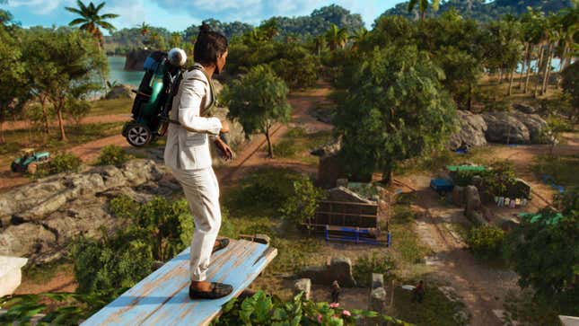 Dani Rojas stands on a plank at the top of a building in Far Cry 6.