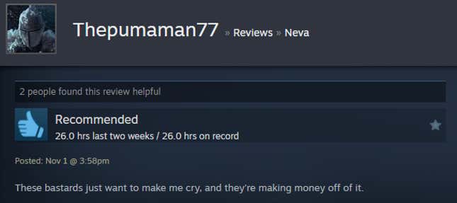 A screenshot shows a Steam user review from Neva.