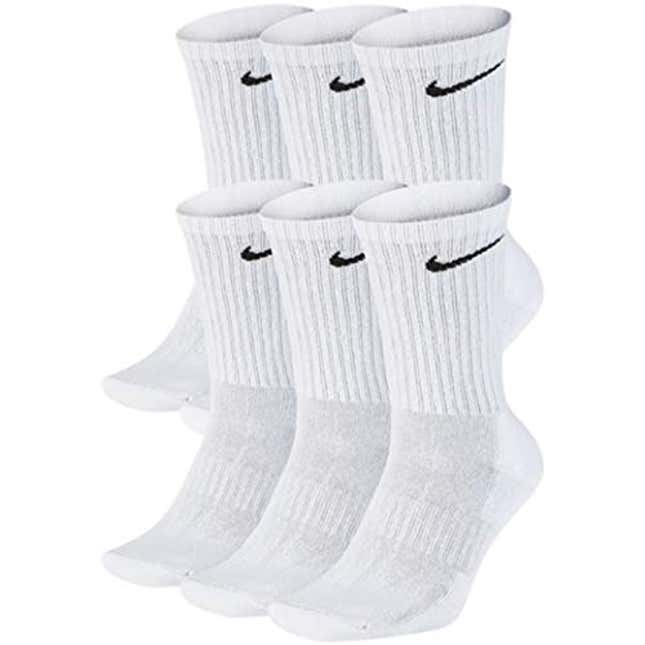 Image for article titled NIKE Dri-Fit Training Cotton Cushioned Crew Socks 6 PAIR White with Black Signature Swoosh Logo) LARGE 8-12, Now 38% Off