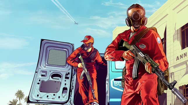 Two GTA V characters emerge from a van wearing jumpsuits and holding guns.