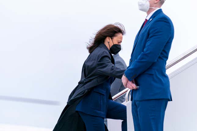 Vice President Kamala Harris boards her plane at Andrews Air Force Base, Md., Thursday, Feb. 17, 2022, to travel to Munich for the Munich Security Conference.