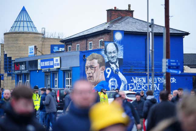 Everton&#39;s fans arrive to the Goodison Park stadium before the English Premier League soccer match between Everton and West Ham in Liverpool, England, Saturday, March 2, 2024. (AP Photo/Jon Super)