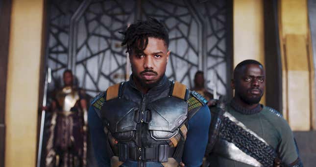 Michael B. Jordan, Mitte, als Killmonger im Film „Black Panther“ von 2018.