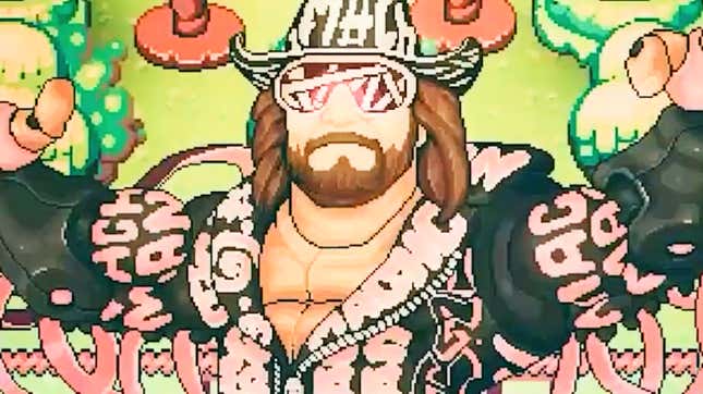 Macho Man pumps his pixelated biceps. 