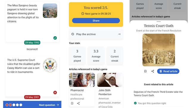 Various pages from Wikipedia's Which Came First game.
