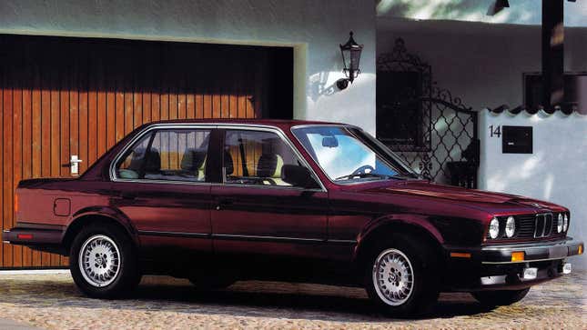 A purple BMW Sedan. 