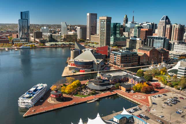 Downtown cityscape and marina on the Inner Harbor of Baltimore Maryland flowing out to the Patapsco River and Chesapeake Bay.