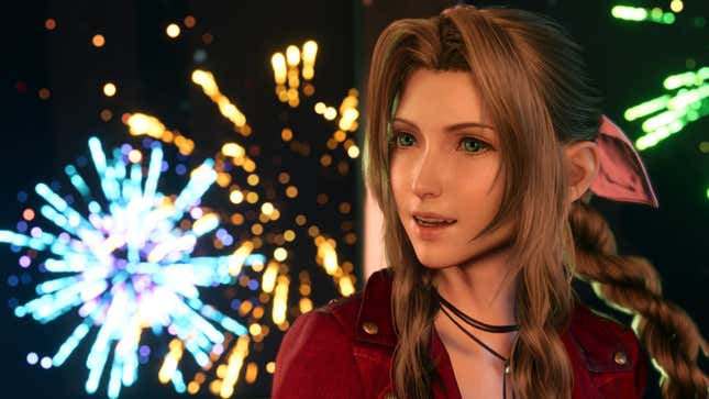 Aeirth looks off camera while fireworks go off behind her.