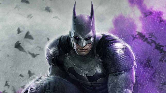 An image shows Batman with purple eyes in front of purple smoke. 