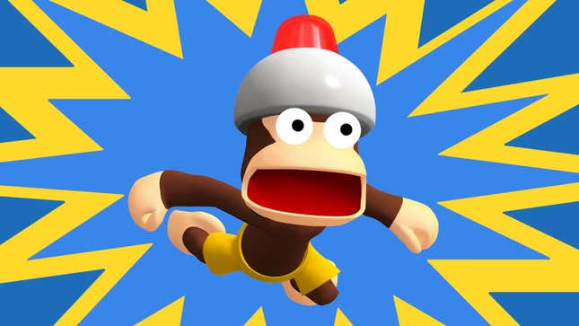 A surprised monkey from Ape Escape wears a siren helmet.