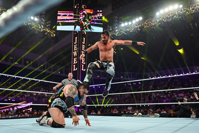 Seth Rollins stomps Bronson Reed during Crown Jewel at Mohammed Abdo Arena on November 2, 2024 in Riyadh, Saudi Arabia.