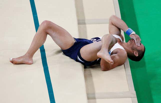 French gymnast Samir Ait Said breaks his leg during competition on the vault in Rio.