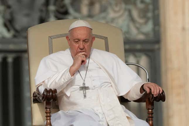 Pope Francis attends the weekly general audience in St. Peter&#39;s at the Vatican, Wednesday, Sept. 13, 2023. Pope Francis will discuss how to address the world’s pressing issues with former President Bill Clinton to open this year’s Clinton Global Initiative, organizers announced Thursday. (AP Photo/Gregorio Borgia, File)