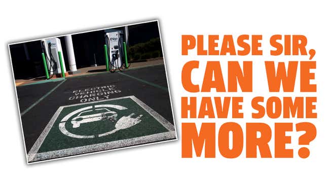 A photo of an EV charging station with the caption "please sir, can we have some more?" 