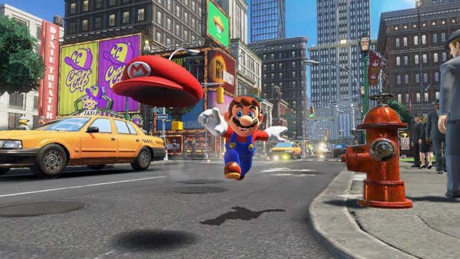 Mario running through a metropolitan city