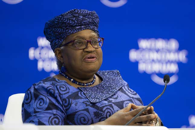 Ngozi Okonjo-Iweala, Director-General, World Trade Organization (WTO), speaks during the plenary session at the Congress Hall during the 54th annual meeting of the World Economic Forum, WEF, in Davos, Switzerland, Wednesday, Jan. 17, 2024. (Gian Ehrenzeller/Keystone via AP)