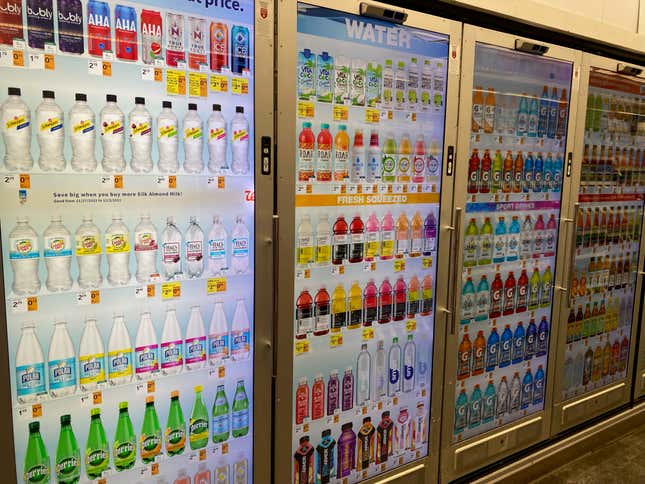 Digital display on doors of refrigerated beverages.