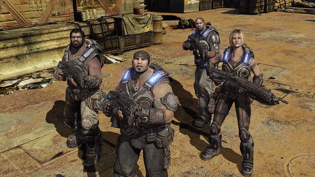 Marcus Fenix and crew look up at the camera. 