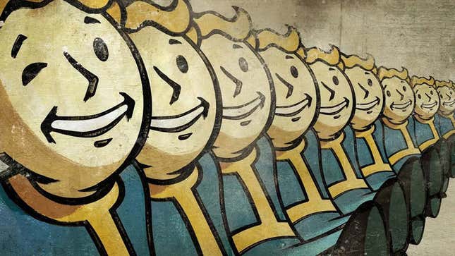 Artwork shows multiple clones of Fallout's famous Vault Boy. 
