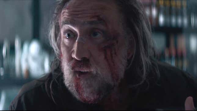 A beat up Nicolas Cage in the movie Pig.