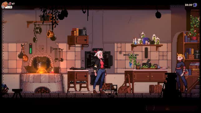 White haired witch in leather jacket and jeans stands inside of a rustic looking kitchen